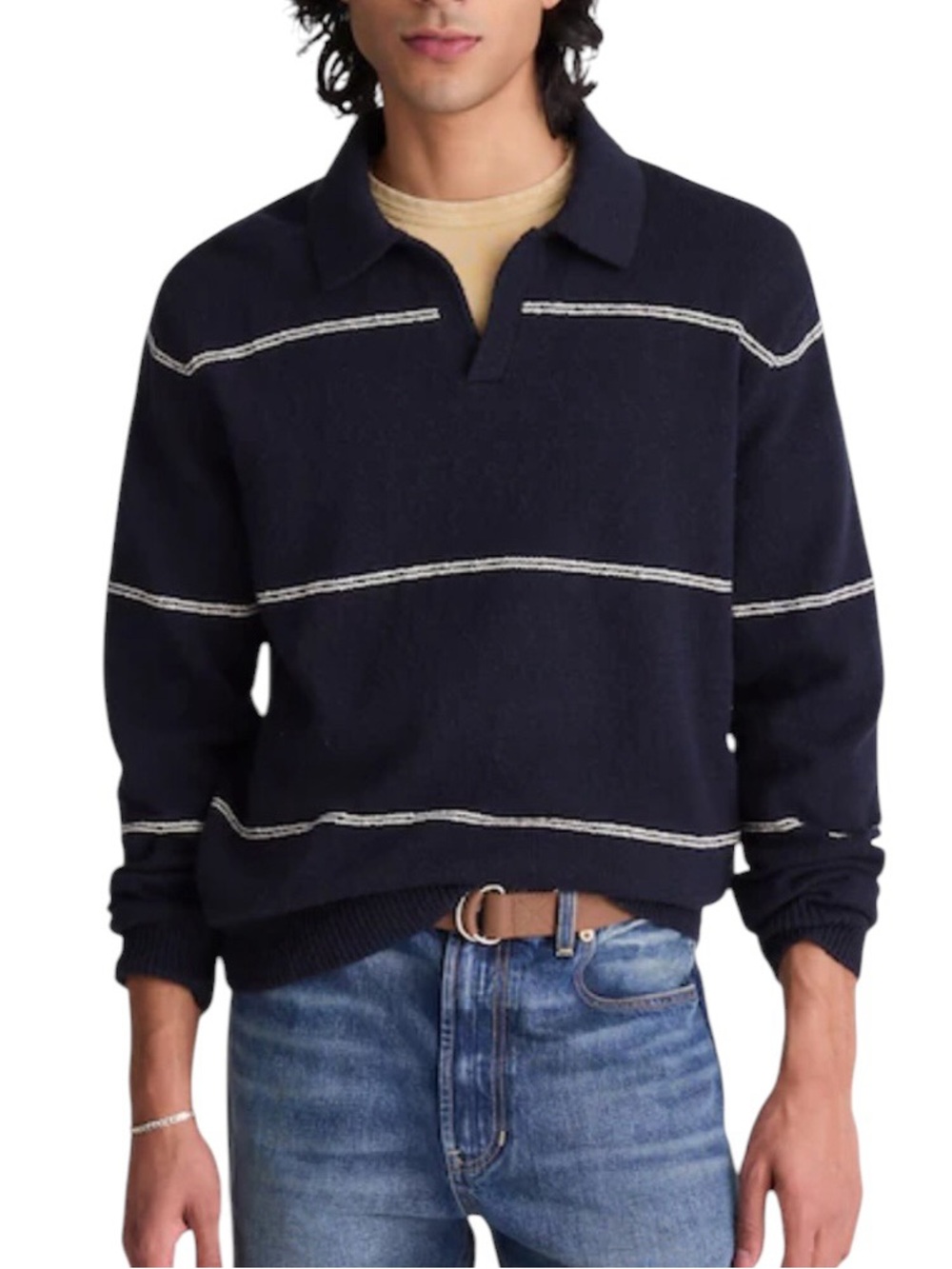 MADEWELL Johnny-Collar Sweater Polo Textured Cotton Navy & White Stripe Size XL